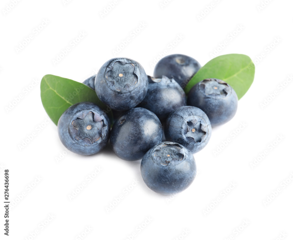 Fresh raw tasty blueberries with leaves isolated on white Fresh raw tasty blueberries with leaves isolated on white