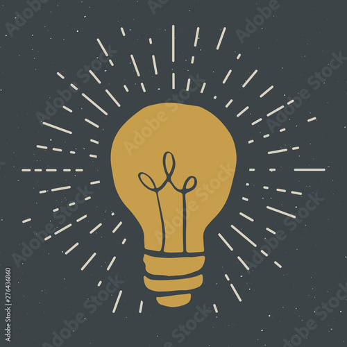 Light bulb symbol vintage label, grunge textured retro badge, typography design vector illustration
