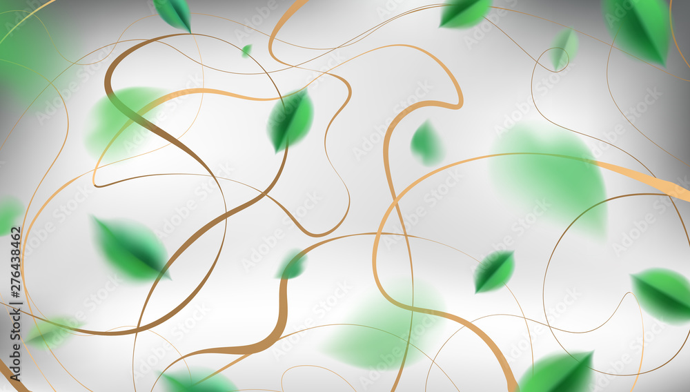 White luxury abstract background with flying green spring leaves and golden geometric elegant decoration vector design White luxury abstract background with flying green spring leaves and golden geometric elegant decoration vector design