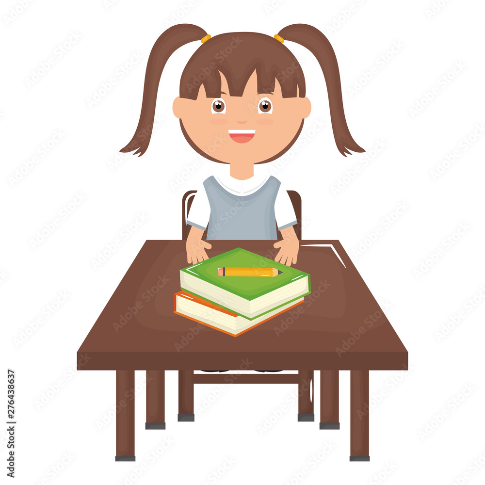 cute little student girl with textbooks in schooldesk cute little student girl with textbooks in schooldesk