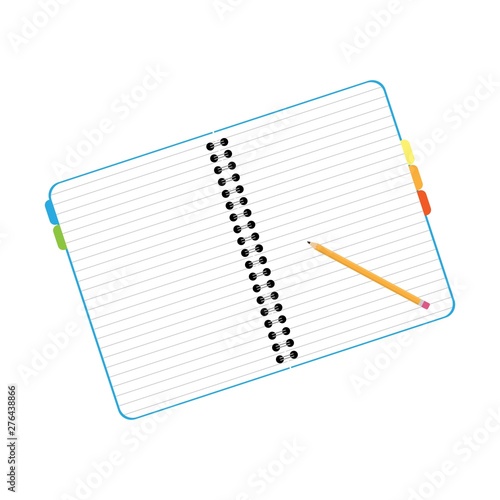 Open spiral notebook and graphite pencil isolated on white background. Empty lined notebook with subject dividers in flat design.  School concept