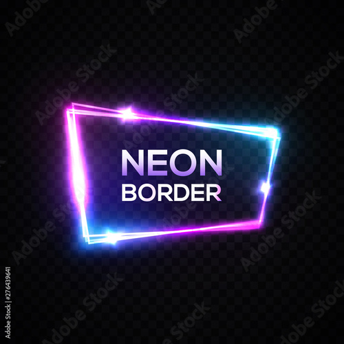 Colorful neon frame on transparent background. Blue pink purple sign with text space. Element design for ad poster banner flyer presentation. Electric light border. 80s retro style vector illustration