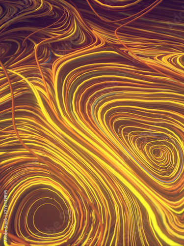 Interlacing abstract yellow colored curves. Computer generated geometric pattern. 3D rendering
