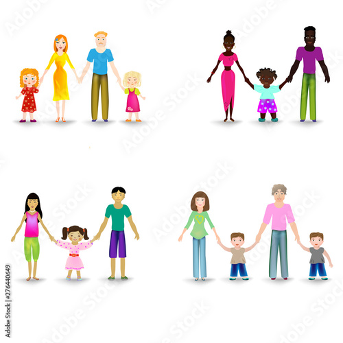 Set of 4 families of different ethnicity. Happy parents and their children on white. Illustration of people Asians  Europeans  Africans and Americans isolated