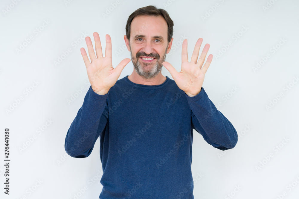 Elegant senior man over isolated background showing and pointing up with fingers number ten while smiling confident and happy. Elegant senior man over isolated background showing and pointing up with fingers number ten while smiling confident and happy.