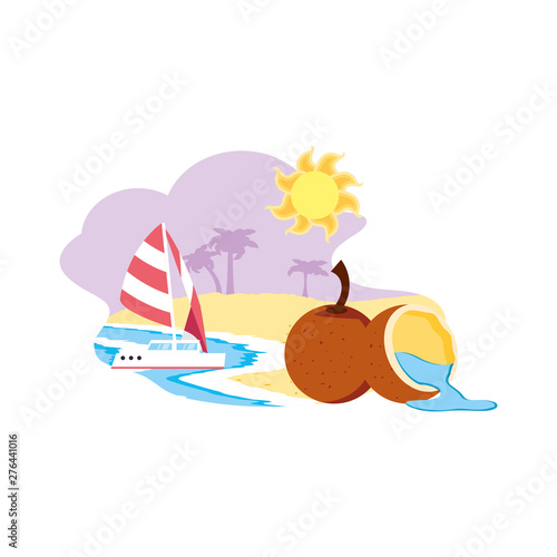 sailboat travel in the beach with coconut