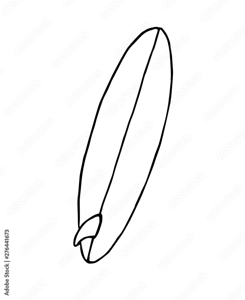 Vector flat black line hand drawn sketch doodle long surf board single fin logo isolated on white background Vector flat black line hand drawn sketch doodle long surf board single fin logo isolated on white background