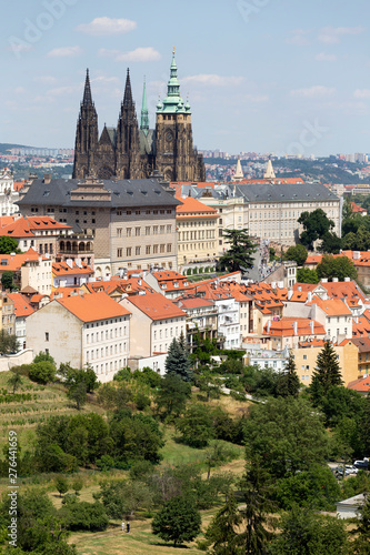 Summer Prague City with gothic Castle and the green Nature from the Hill Petrin, Czech Republic