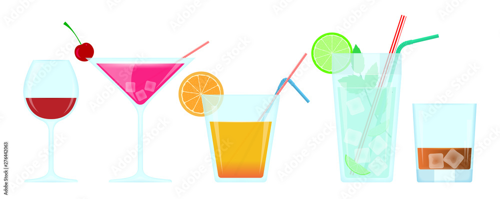 Alchoholic cocktails in glasses. Vector drinks illustration. Alchoholic cocktails in glasses. Vector drinks illustration.