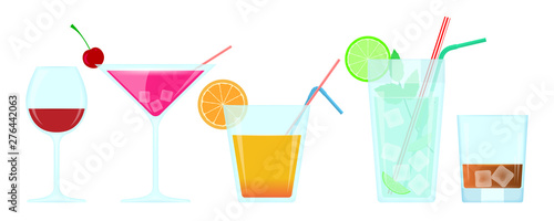 Alchoholic cocktails in glasses. Vector drinks illustration.