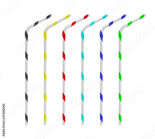Realistic drinking straw set. Straight and bent plastic cocktail tube with colored strips. Vector mockup.