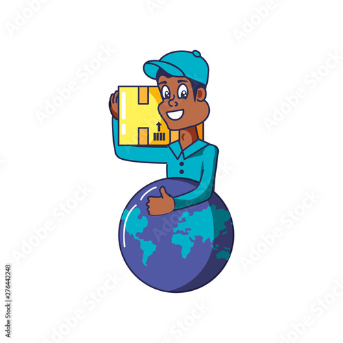 worker delivery service with box and planet earth