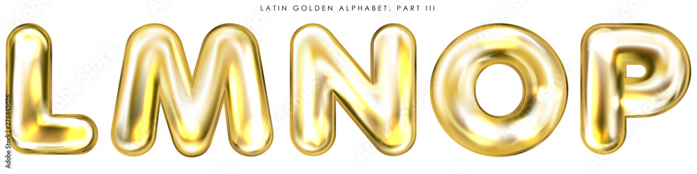 Golden foil balloon, inflated alphabet symbols L-M-N-O-P Golden foil balloon, inflated alphabet symbols L-M-N-O-P