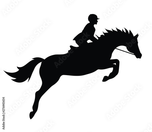 Vector flat black silhouette of show jumping horse and rider isolated on white background