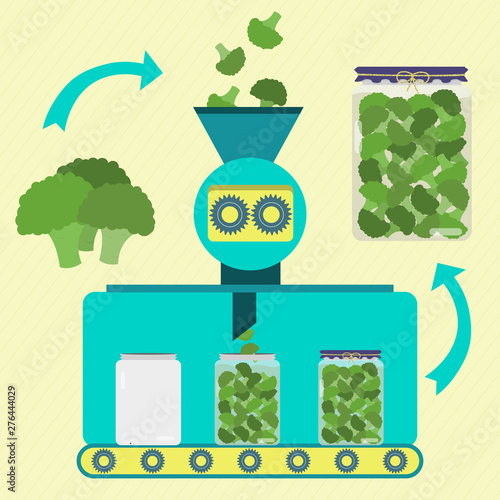 Broccoli conserve series production. Fresh broccoli being processed. Bottled broccoli branch.