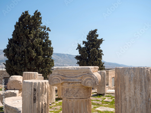 Ruins of a temple at Acropolis hill in Athens Greece