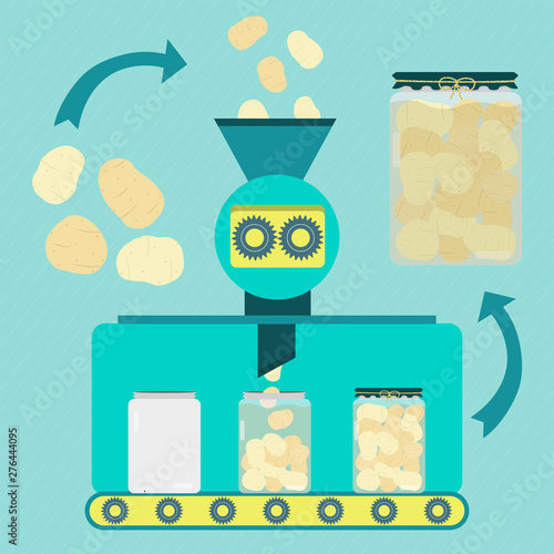 Potato conserve series production. Potato being processed. Bottled potatoes.