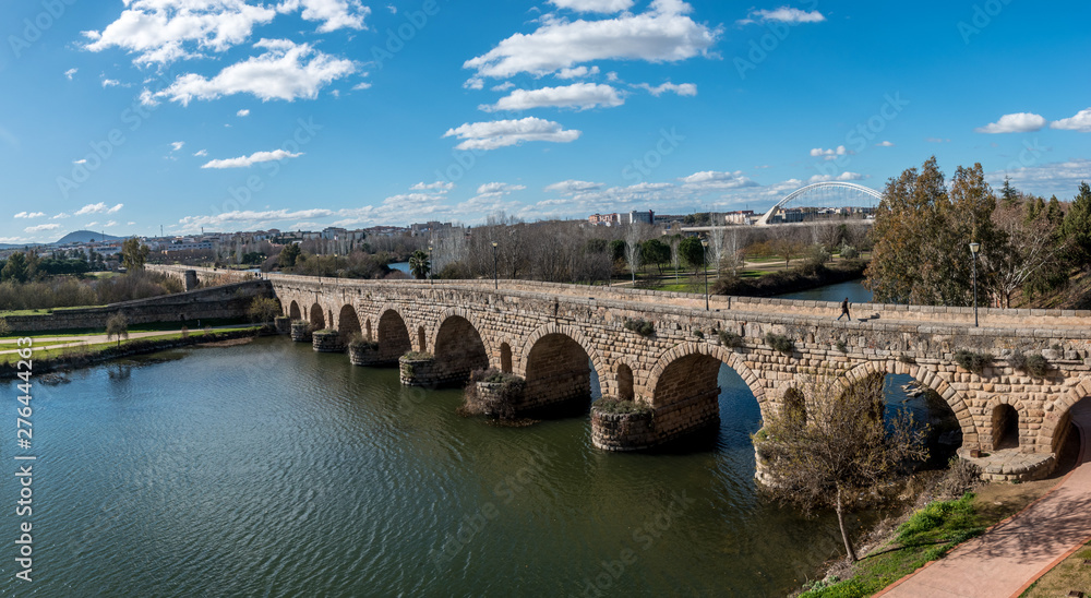 A panoramic view of the Roman Bridge of Merida, Spain, the longest surviving bridge from ancient times.