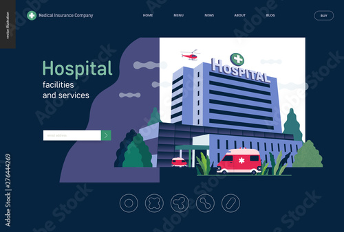 Medical insurance - hospital facilities and services - modern flat vector concept digital illustration - a hospital building with an ambulance car and a helicopter above, medical office or laboratory
