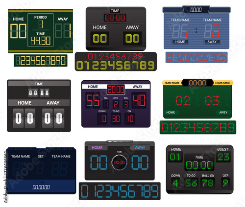 Scoreboard vector score board digital display football soccer sport team match competition on stadium illustration set of score-board championship information isolated on white background