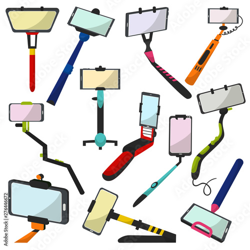 Selfie stick vector monopod with smartphone making photography self-portrait illustration set of modern phone-stick and selfie-monopod design isolated on white background