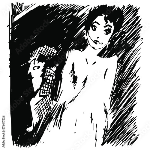 Victorian lady and male detective. Hand drawn rough ink sketch.