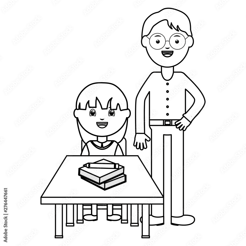 cute little student girl with teacher in schooldesk