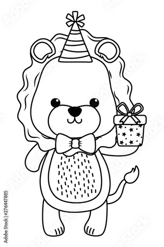 Lion cartoon with happy birthday icon design