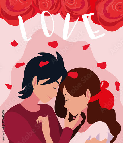 young couple in love poster with roses decoration