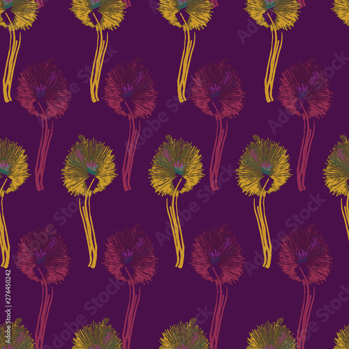 Seamless pattern with dandelions in geometric layout. Vector illustration in watercolour style.