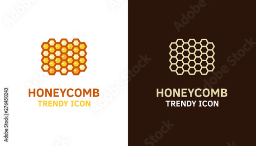 Honeycomb logo icon template for different uses. Vector thin line illustration of hexagonal-shaped beeswax cells for bees, food, honey related subjects