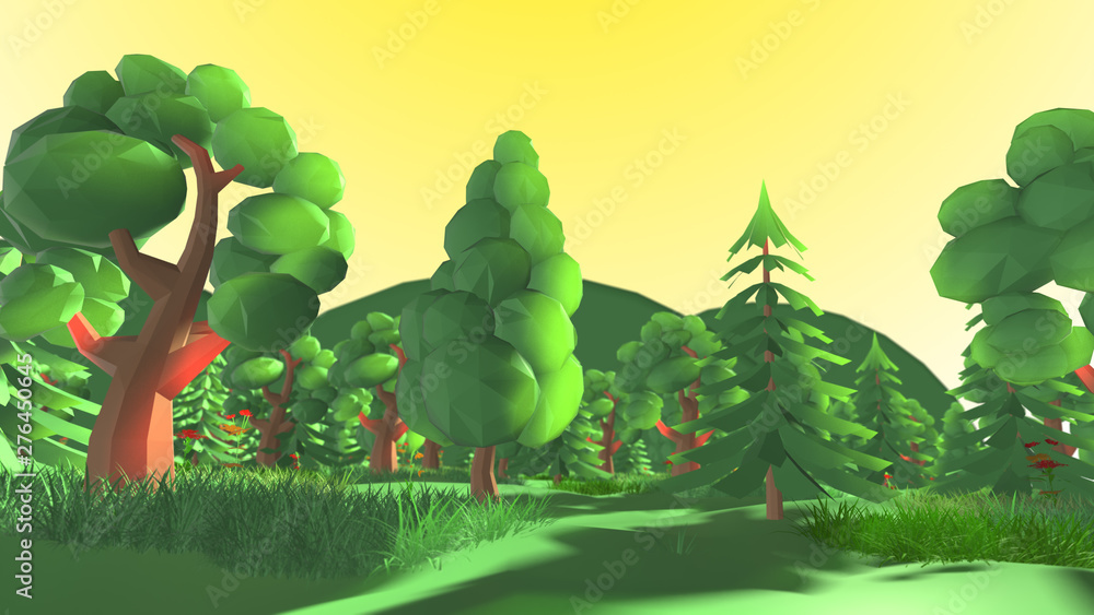 Scenic low poly outdoor in green nature forest landscape 3d render Cartoon  - 3D illustration rendering Stock Illustration | Adobe Stock