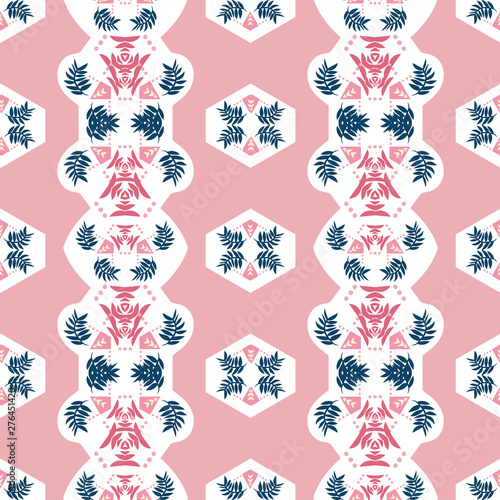 Detailed intricate geometric seamless pattern in flamingo pink, white and green. Palm leaves lend a majestic tropical feel. Great for textiles, fashion, paper, home decor and stationery items. Vector.