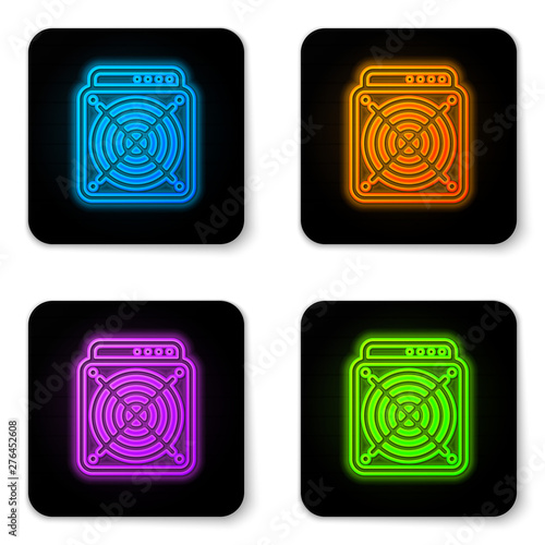 Glowing neon ASIC Miner icon isolated on white background. Cryptocurrency mining equipment and hardware. Application specific integrated circuit. Black square button. Vector Illustration