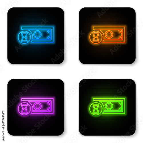 Glowing neon Fast payments icon isolated on white background. Fast money transfer payment. Financial services, fast loan, time is money, cash back concept. Black square button. Vector Illustration