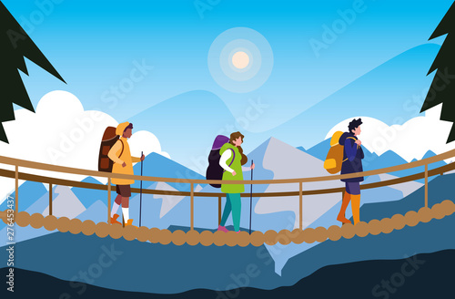 campers in beautiful landscape scene with suspension bridge