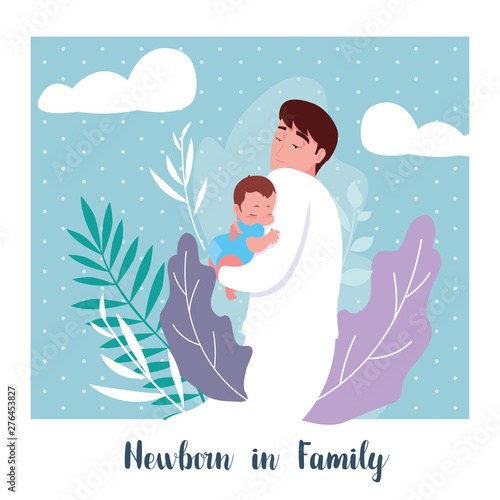 newborn in family card with dad and little son baby