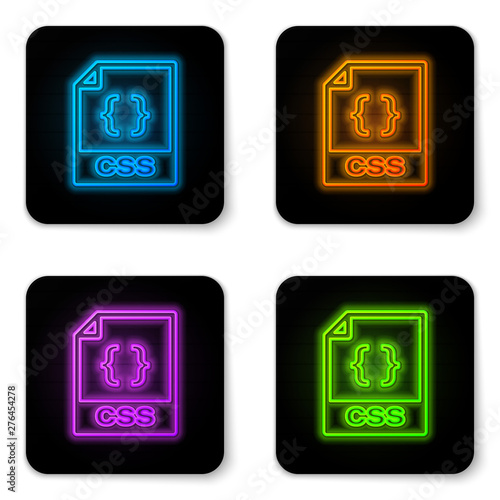 Glowing neon CSS file document icon. Download css button icon isolated on white background. CSS file symbol. Black square button. Vector Illustration