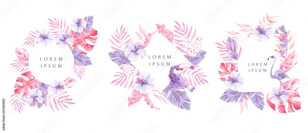 Watercolor tropical round, diamond and rectangle frames with flamingo, toucan, flowers and leaves.