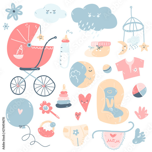 Newborn infant themed cute doodle set. Baby care, feeding, clothing, toys, health care stuff, safety, accessories.