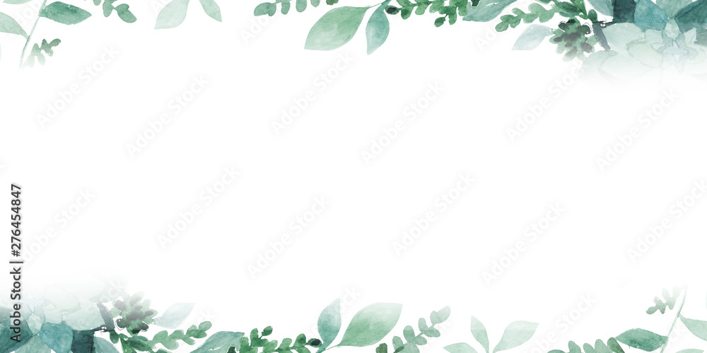 watercolor green leaves  isolated on white. Sketched wreath, floral and herbs garland. Handdrawn watercolour illustration