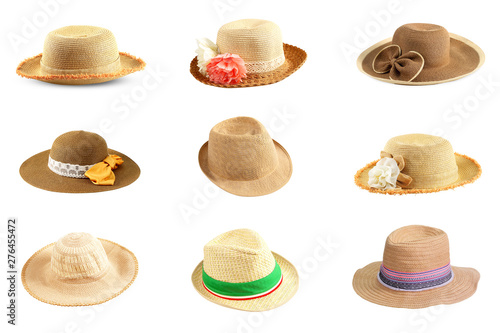 collection of pretty straw hat isolated on white