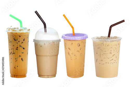 Iced coffee with straw in plastic cup isolated on white