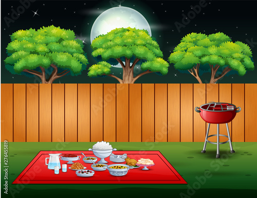 Barbecue party on backyard in the night scene