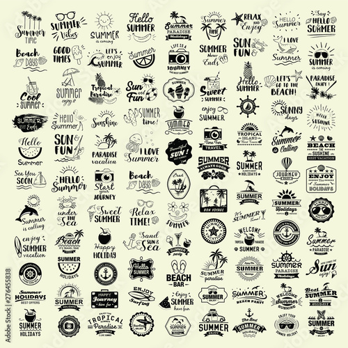 Collection of 100 Summer logotypes set. Summer typography, logos, badges, labels, icons and objects.
