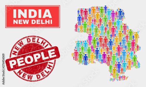 Demographic New Delhi City map illustration. People color mosaic New Delhi City map of men, and red round unclean watermark. Vector collage for population group plan.