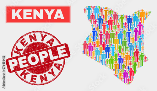 Demographic Kenya map illustration. People color mosaic Kenya map of persons, and red round grunge stamp seal. Vector combination for nation public report.