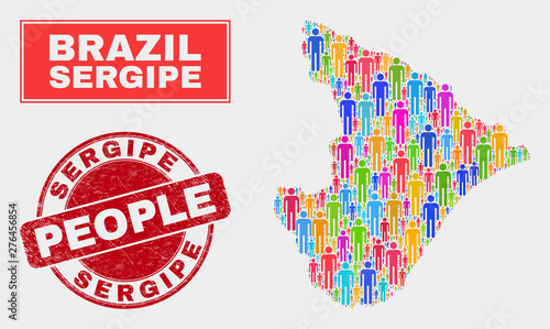 Demographic Sergipe State map illustration. People color mosaic Sergipe State map of persons, and red round grunge seal. Vector collage for national mass plan. photo