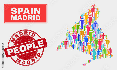 Demographic Madrid Province map illustration. People colorful mosaic Madrid Province map of crowd, and red rounded scratched stamp. Vector composition for population group plan.