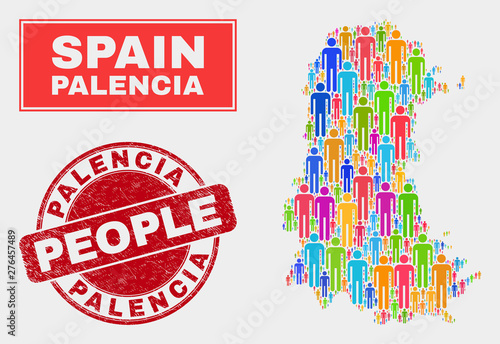 Demographic Palencia Province map illustration. People bright mosaic Palencia Province map of men, and red rounded textured watermark. Vector combination for population community report.
